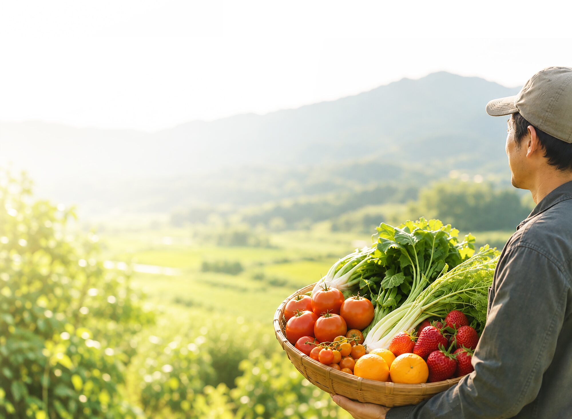 かごいっぱいの野菜を持つ生産者と熊本の農園風景