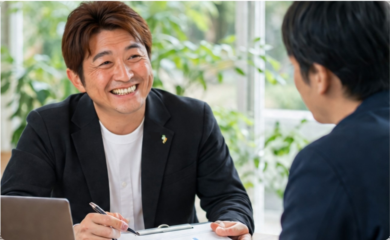 事業者と打ち合わせをする株式会社ふるくまの代表